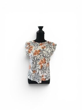 Ann Taylor White Floral Ruffle Sleeve Blouse with Orange & Black Accents